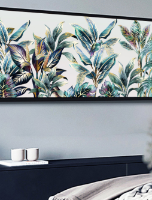 תמונת קנבס לרוחב מעוצבת | הדפס בצבעוניות הרמונית של עלים  טרופים בגימור מוזהב | תמונה גדולה לבית