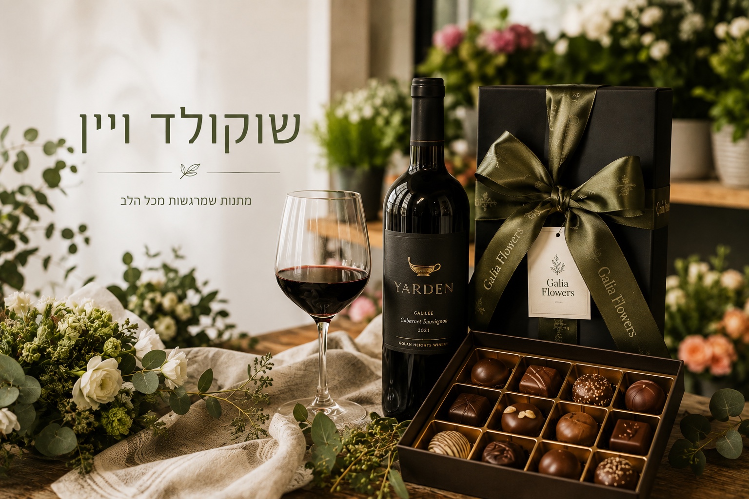 שוקולד ויין - Galia flowers חנות קטנה ומטריפה|משלוח פרחים באשדוד |חנות פרחים באשדוד|