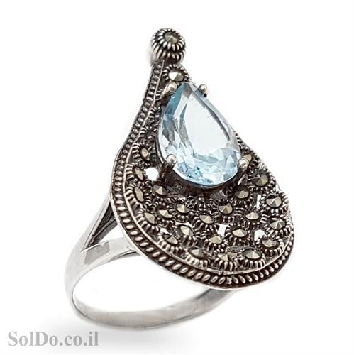 טבעת מכסף משובצת אבן טופז כחולה ומרקזטים RG5981 | תכשיטי כסף 925