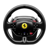 הגה וערכת דוושות Thrustmaster T98 Ferrari 296 GTB – הגה מרוצים שחור עם לוגו פרארי צהוב במרכזו וכפתורים שונים