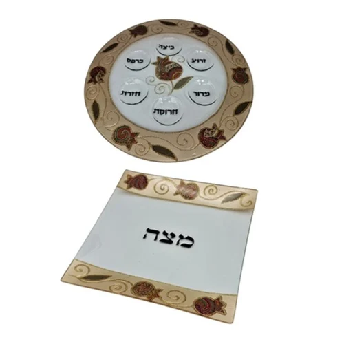 סט צלחת פסח ומגש מצה תואם דגם רימון אתני