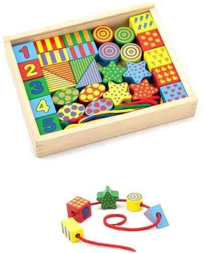 צעצועי עץ איכותיים ויגה השחלת חרוזים בצורות שונות לפעוטות VIGA