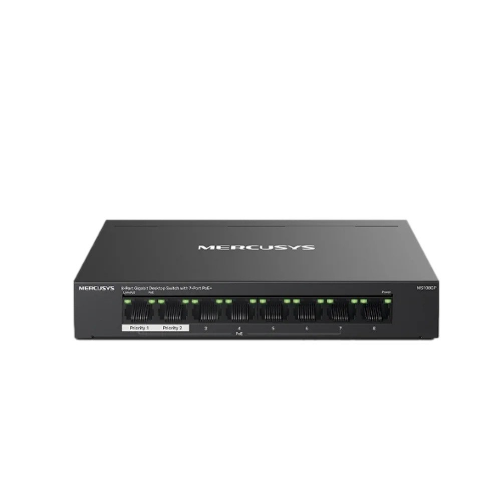 מתג Mercusys MS108GP 8-P Gigabit – אלחוטי מתג שחור בודד עם 8 חיבורי רשת קדמיים מוארים
