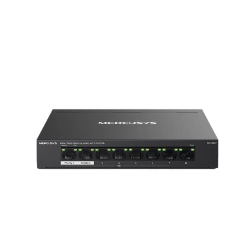 מתג Mercusys MS108GP עם 8 יציאות Gigabit, מתוכן 7 יציאות PoE+ ותקציב הספק 65W