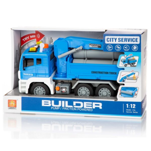 משאית כחולה עם מנוף הובלת צינורות   אורות וצלילים 1:12 - CITY SERVICE