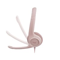 אוזניות עם מיקרופון צבע ורוד Logitech H390 USB – אוזניות ורודות המציגות את תנועת קיפול המיקרופון שלהן על רקע לבן