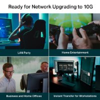 מתג 5 יציאות TP-Link 10G Multi Gigabit TL-SX105 V1 – קולאז' תרחישים: גיימר, בקר משחק, עובדים במשרד