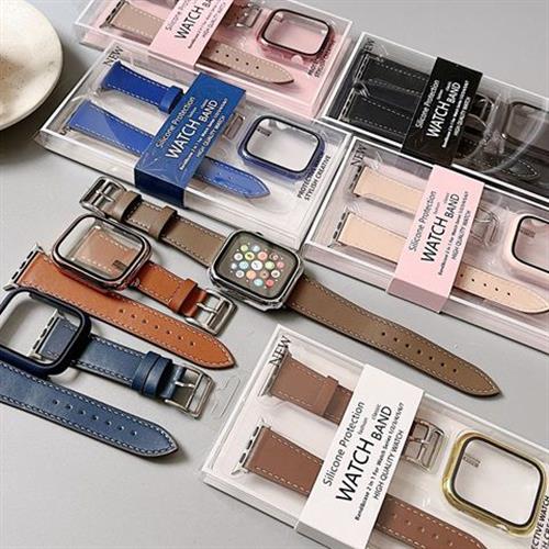 רצועת עור PU משולבת מגן היקפי ל- Apple Watch 7/8/9 בקוטר 41mm