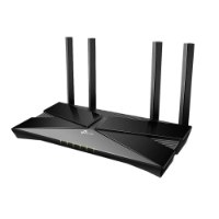 ראוטר TP-Link AX3000 Dual Band Gigabit Wi-Fi 6 Archer AX53 – מכשיר שחור עם ארבע אנטנות ונוריות חיווי ירוקות מוצג בזווית