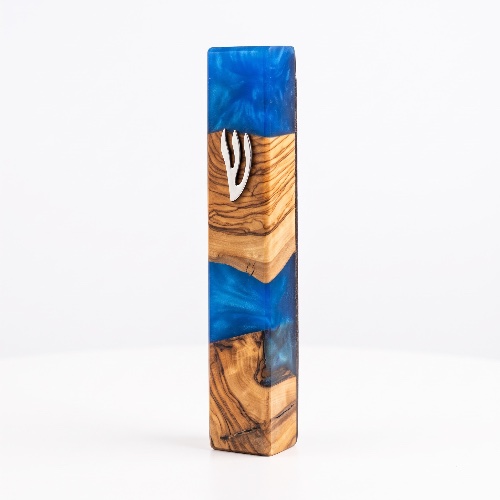 Porta Mezuzá de Lujo de 15 cm – Azul Real y Madera de Olivo