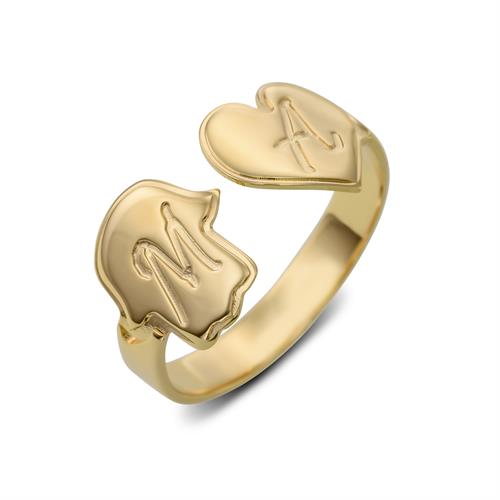 טבעת פתוחה עם חמסה ולב-כסף 925/גולדפילד