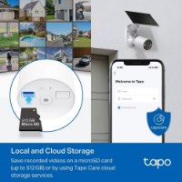 מצלמת אבטחה אלחוטית עם פאנל סולארי Tp-Link Tapo C410 Kit – מצלמה לבנה עם פאנל סולארי מציגה אחסון מקומי וצילומי אבטחה