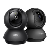 מצלמת אבטחה 360° Tp-Link Tapo C211 3MP – שתי מצלמות אבטחה כהות עם לוגו Tapo עומדות על רקע לבן 2 4GHz