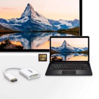 מתאם Aten VC965 DisplayPort to DVI Adapter – פריט בודד מתאם לבן מונח ליד מחשב ומסך המציגים תמונת נוף ברזולוציית Full HD