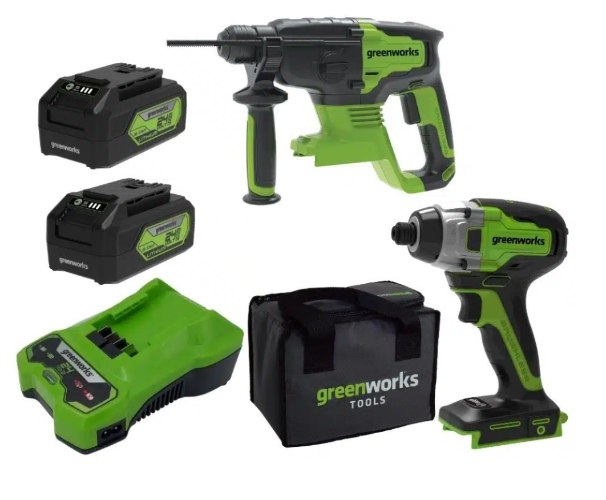 הצמד המנצח + 2 סוללות 5 אמפר דור 2 + מטען מהיר GREENWORKS 99751-9-9 24V