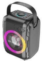 רמקול נייד עם מקרופון W-King T9S – מוצר שחור מלבני עם ידית נשיאה תאורת לד צבעונית וכפתורי שליטה מוארים כחול