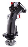 בקר טיסה Thrustmaster F-16C Viper Strike Fighter PC – פריט בודד שחור עם כפתורים אדומים ולבנים בסיס כסוף