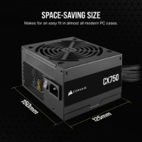 ספק כוח 750 וואט Corsair CX750 80 Plus Bronze – פריט בודד שחור עם מידות מודגשות וטקסט על גודלו החסכוני