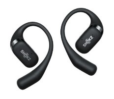 אוזניות אלחוטיות צבע שחור Shokz OpenFit Open-Ear – זוג האוזניות השחורות נראות מלמעלה על רקע לבן טעינה מהירה