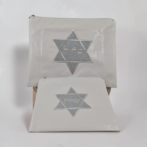 כיסויי טלית תפילין דמוי עור חדשים - לבן מגן דוד כסוף
