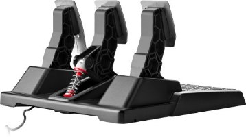 דוושות לסימולטור Thrustmaster T-3PM PC/PS/Xbox – שלוש דוושות שחורות על בסיס שחור עם קפיץ מתכת אדום באמצע
