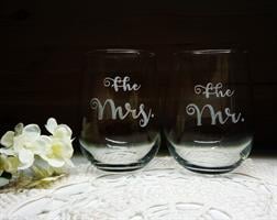 כוסות יין ללא רגל |כוסות זכוכית חתן כלה | .Mr. & Mrs