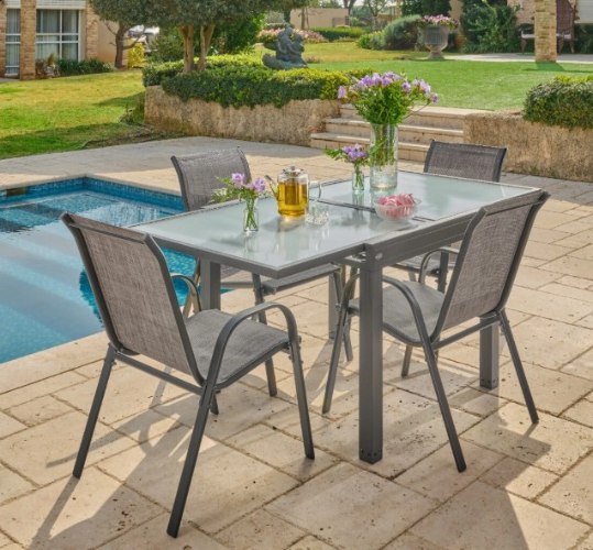 סט שולחן אלומיניום 90X90  נפתח ל1.80 4 כסאות גינה  צבע אפור כהה