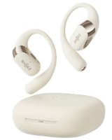 אוזניות ספורט אוזן-פתוחה אלחוטיות Shokz OPENFIT 2 – שתי אוזניות בצבע שמנת וקייס טעינה תואם מרחפים על רקע לבן