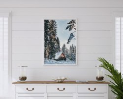 תמונת קנבס הדפס של בקתת חורף "Dreamy Winter Cabin" |בודדת או לשילוב בקיר גלריה | תמונות לבית ולמשרד