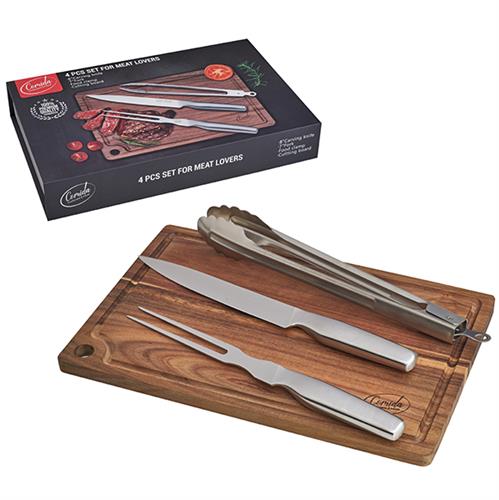 סט COMIDA סכין שף Carving "8 (20 ס"מ) ידית נירוסטה עם קרש חיתוך עץ איכותי, קילשון בשר 7" ומלקחי מתכת, דגם 5283