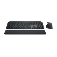 מארז מקלדת ועכבר אלחוטי Logitech MX KEYS S Combo – מקלדת אלחוטית כהה עכבר ומשענת כף יד אפורה על רקע לבן USB-C