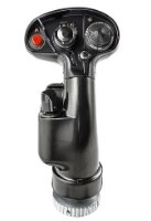 בקר טיסה מתקדם Thrustmaster F/A-18C Hornet – ידית בקר טיסה שחורה עם כפתור אדום ולחצנים שונים על רקע לבן