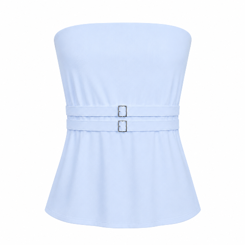 BELTED STRAPLESS  TOP- LIGHT BLUE