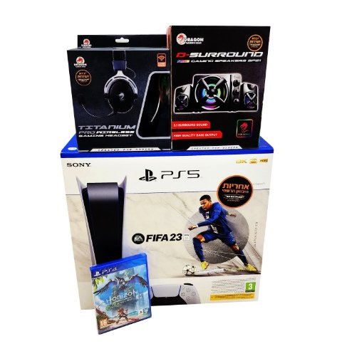 באנדל FIFA23 PS5 + Horizon PS4 - PS5 + אוזניות אלחוטיות Titanium + רמקולים D-Surround - יבואן רשמי