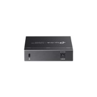 מתג שולחני TP-Link 5 Ports 2.5G Multi-Gigabit TL-SG105S-M2 – פריט בודד בצבע כהה מציג את חלקו האחורי עם חיבור מתח ושקע נעילה