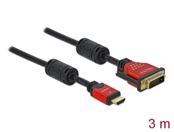 כבל מסך Delock Cable HDMI Male To DVI 24+1 Male Red metal 3 m