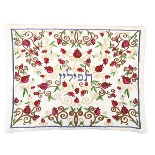 כיסוי תפילין רקמת מכונה רימונים מלא לבן