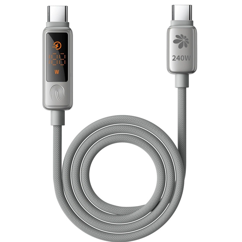 כבל טעינה עם מסך מגע Miracase MTCD240W – כבל USB-C אפור אחד מלופף המציג נתוני טעינה על צג דיגיטלי