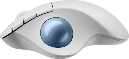 עכבר ארגונומי אלחוטי עם כדור עקיבה Logitech Ergo M575S – מבט צד על עכבר אפור עם כדור עקיבה כחול בולט