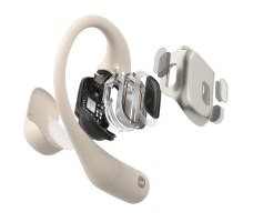 אוזניות אלחוטיות צבע בז' Shokz OpenFit Open-Ear – מבט מפורק של אוזנייה אחת המציג את רכיביה הפנימיים על רקע לבן
