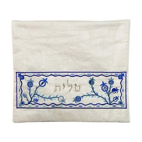 כיסוי לטלית רקמת מכונה - רימונים - לבן
