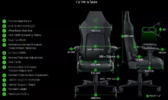 שרטוט טכני המציג את המידות המדויקות של כיסא Razer Iskur V2 Grey Fabric