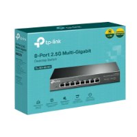 מתג חכם Tp-Link SG108-M2 8 Port 2.5Gbps – אריזת המוצר בצבע טורקיז המציגה את המתג השחור עם שמונה פורטים