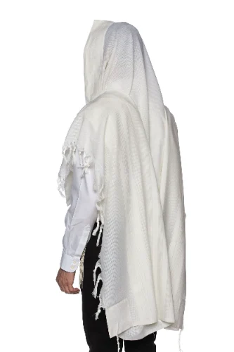 טלית צמר תשבץ פסים לבן דגם למנצח