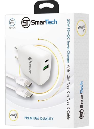 מטען קיר PD+QC 20W GaN עם כבל טייפ-סי לטייפ-סי - דגם STTC20W - פתרון טעינה מושלם מבית SmarTech