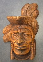 פסל מגולף מעץ, ראש אינדיאני, לתלייה על קיר, וינטאג'
