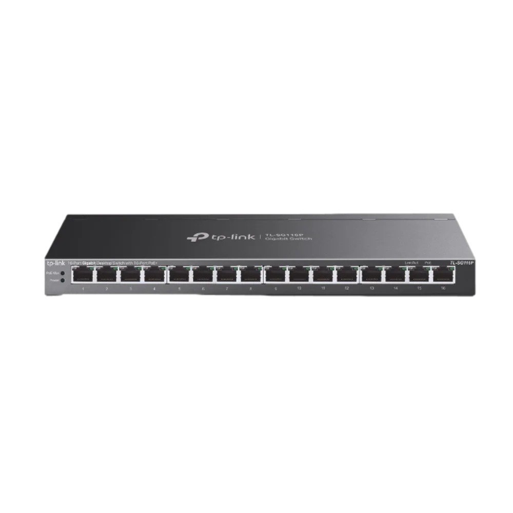 מתג Tp-Link L-SG116P Giga 16POE+ 120W – מתג רשת כהה עם 16 חיבורי רשת קדמיים על רקע לבן