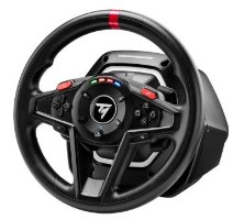 הגה מירוצים עם דוושות מגנטיות Thrustmaster T128P – הגה שחור עם לחצני שליטה ותאורת חיווי נראה מקדימה USB