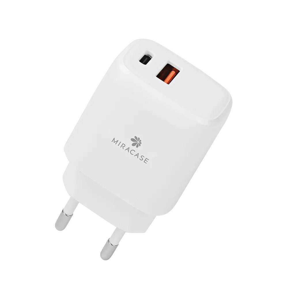 מטען קיר USB Type-A ו-Miracase 3A MWC20PQ USB Type-C – פריט בודד מטען קיר לבן עם שקעי USB-C ו-A