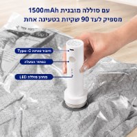מארז 20 שקיות ואקום מחוזקות ומשאבה אלחוטית לחיסכון של 80% במקום דגם SpaceMax